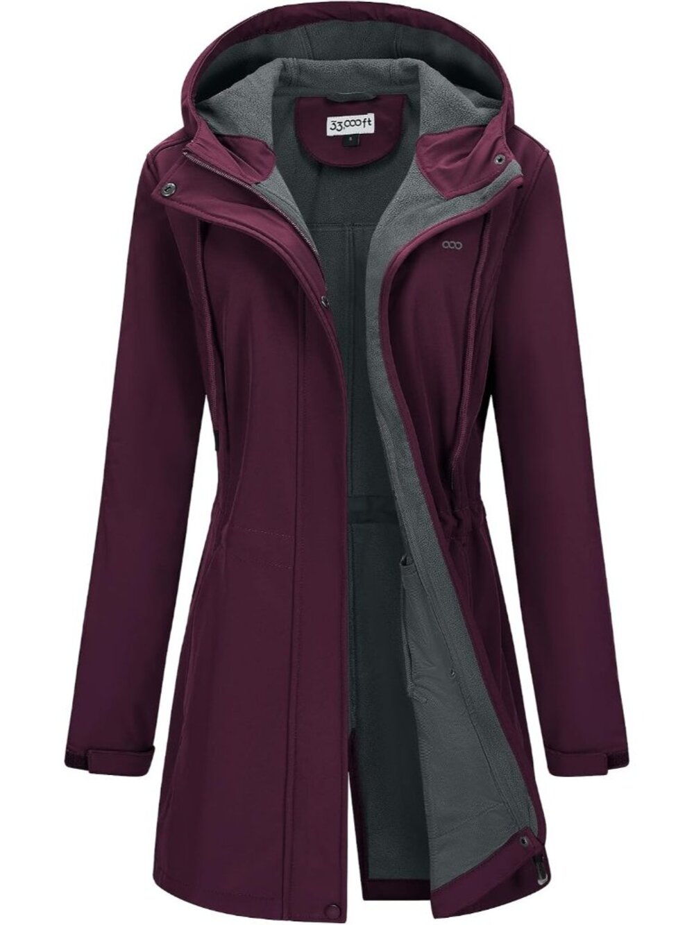 Women's Burgundy Fleece Lined Waterproof Zip Up Softshell Long Trench Parka Coat